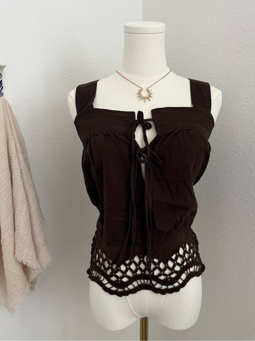Rachel Zoe Brown Linen Blend Lace Hem Tank Top Size M Boho Festival